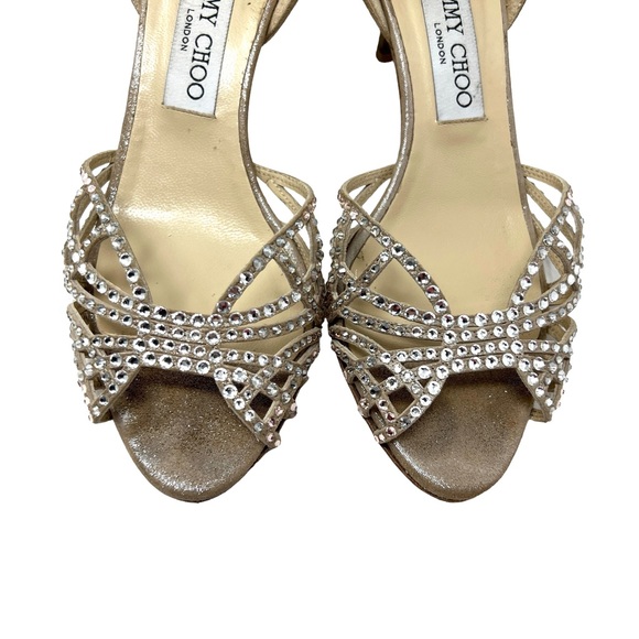 Jimmy Choo Rhinestone Cream Tan Silver Shimmer Bling Heels - Picture 2 of 8